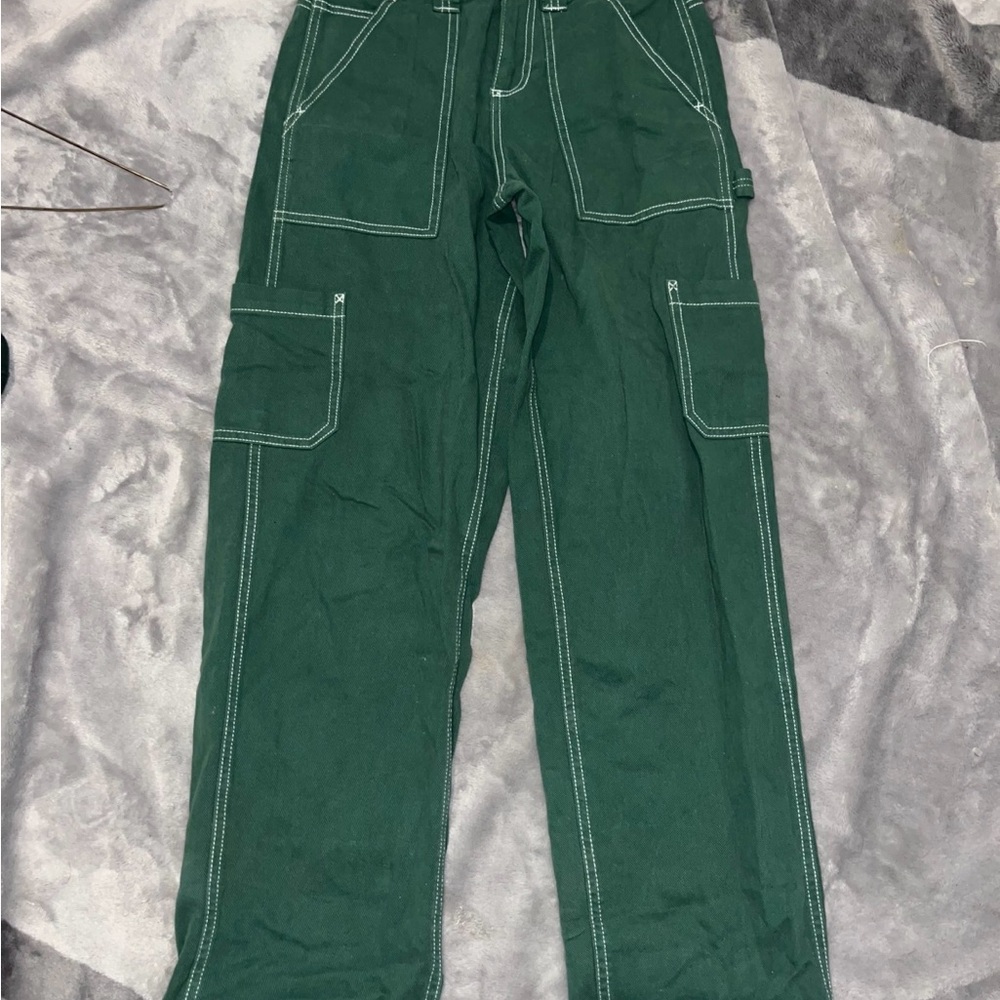 Garage Green carpenter Cargo jeans with White Stitching